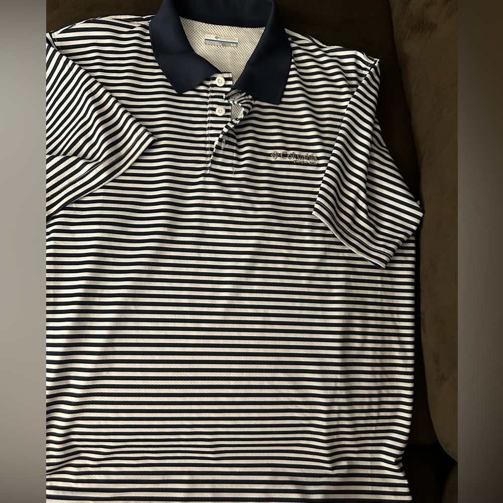 Columbia Men’s Navy and White Striped Polo Shirt